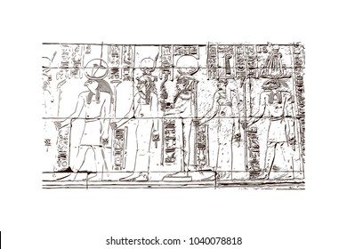 The Ramesseum is the memorial temple of Pharaoh Ramesses II. It is located in the Theban necropolis in Upper Egypt. Hand drawn sketch illustration in vector.