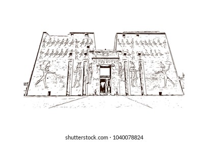 The Ramesseum is the memorial temple of Pharaoh Ramesses II. It is located in the Theban necropolis in Upper Egypt. Hand drawn sketch illustration in vector.