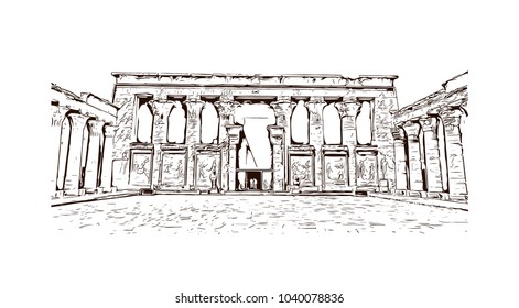 The Ramesseum is the memorial temple of Pharaoh Ramesses II. It is located in the Theban necropolis in Upper Egypt. Hand drawn sketch illustration in vector.