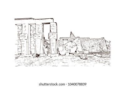 The Ramesseum is the memorial temple of Pharaoh Ramesses II. It is located in the Theban necropolis in Upper Egypt. Hand drawn sketch illustration in vector.