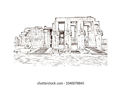 The Ramesseum is the memorial temple of Pharaoh Ramesses II. It is located in the Theban necropolis in Upper Egypt. Hand drawn sketch illustration in vector.