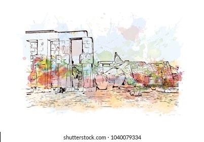 The Ramesseum is the memorial temple of Pharaoh Ramesses II. It is located in the Theban necropolis in Upper Egypt. Watercolor splash with hand drawn sketch in vector.