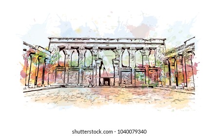 The Ramesseum is the memorial temple of Pharaoh Ramesses II. It is located in the Theban necropolis in Upper Egypt. Watercolor splash with hand drawn sketch in vector.