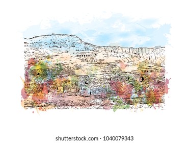 The Ramesseum is the memorial temple of Pharaoh Ramesses II. It is located in the Theban necropolis in Upper Egypt. Watercolor splash with hand drawn sketch in vector.