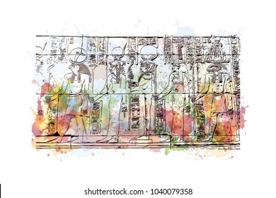 The Ramesseum is the memorial temple of Pharaoh Ramesses II. It is located in the Theban necropolis in Upper Egypt. Watercolor splash with hand drawn sketch in vector.