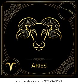 Ram-Goat Aries Zodiac Sign, Symbol, Stellar Star Constellation, Horoscope and Astrology, Fortune-Telling Square Badge Icon Vector Illustration