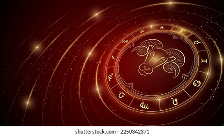 Ram-Goat Aries Zodiac Symbol, Wheel of Twelve Sign, Star Trail, Glowing Ray of Star Light in Space, Horoscope and Astrology, Fortune-Telling, Stellar Backdrop Background Vector Illustration.