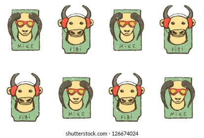 Ram-hipster in glasses and cow-hipster in earphones, vector seamless pattern