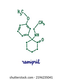 Ramipril Hand Drawn Vector Formula Chemical Structure Lettering Blue Green High Blood Pressure Medication