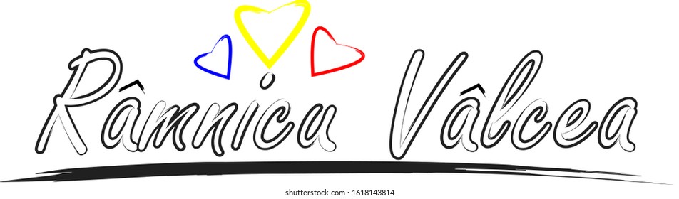 Ramnicu Valcea Word Text with Handwritten Font and Red, Yellow and Blue Love Hearts Vector Image Illustration Eps. Word for banners, badges, postcard, t-shirt, prints, posters, label cover or web page