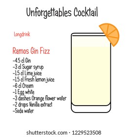 Ramos Gin Fizz alcoholic cocktail vector illustration recipe isolated