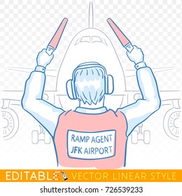 Ramp agent marshaling aircraft. Employee of a runway in the airport. Editable sketch in blue ink style. Hand drawn doodle vector illustration.