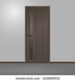Ramp brown wooden new door with door's glass frame in a room. Home interior. Vector illustration.