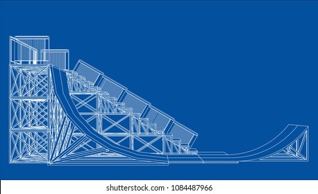 Ramp concept outline. Vector rendering of 3d. Wire-frame style. The layers of visible and invisible lines are separated