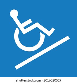 Ramp for the disables icon vector illustration road sign - White wheelchair on a ramp pictogram isolated on blue