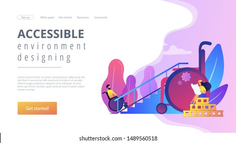 Ramp for people in wheelchairs, disabled care. Accessible environment designing, freedom of movement, disability friendly area concept. Website homepage landing web page template.