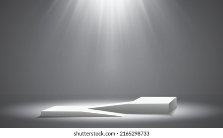 The ramp of the podium, pedestal or platform is illuminated by spotlights on a gray background. Scene with picturesque lights. Vector illustration.
