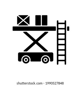 Ramp services black glyph icon. Aircraft maintenance. Professoinal ground service. Civil aviation. Ground handling. Loading luggage. Silhouette symbol on white space. Vector isolated illustration