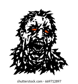 Rampage zombie. Vector illustration. Black and white colors. Scary monster face.