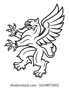 Rampant heraldic griffin black and white.Vector illustration.