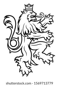 Rampant heraldic lion in crown black and white.Vector illustration.