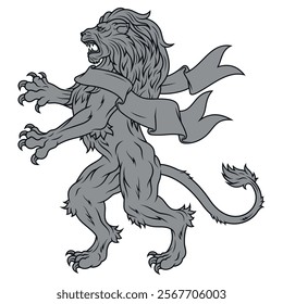 Rampant lion with pennant, heraldic feline with ribbon