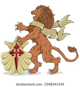 Rampant lion with ribbon and cross of Santiago, heraldic feline with ribbon