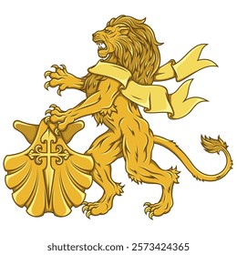 Rampant lion with ribbon and cross of Santiago, heraldic feline with ribbon