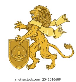 Leão desenfreado com fita e escudo da idade medieval, felino heráldico da realeza europeia