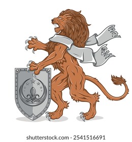 Leão desenfreado com fita e escudo da idade medieval, felino heráldico da realeza europeia