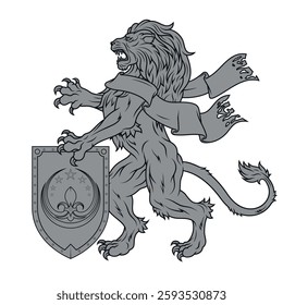 Rampant lion with ribbon and shield from medieval age, heraldic feline of European royalty