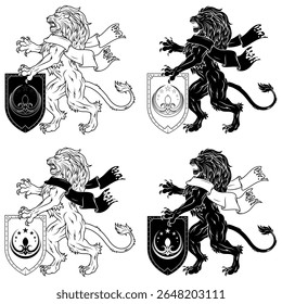 Leão desenfreado com fita e escudo da idade medieval, felino heráldico da realeza europeia