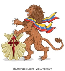 León rampante con bandera y escudo de Venezuela, símbolo de la ciudad de Caracas Venezuela