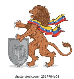 Leão desenfreado com bandeira e escudo da Venezuela, símbolo da cidade de Caracas Venezuela