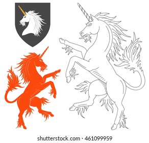 Rampant Unicorn Illustration For Heraldry Or Tattoo Design Isolated On White Background. Heraldic Symbols And Elements