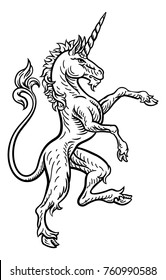 A rampant unicorn standing on hind legs from a  coat of arms or heraldic crest