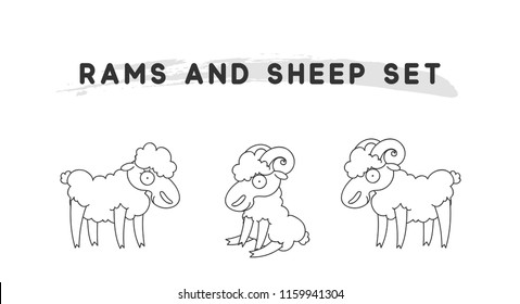 Rams amd sheep set linear style. Character animal