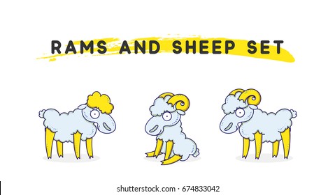 Rams amd sheep set linear style. Character animal