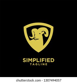 Rams goat head shield sport logo with gold color and black background icon designs vector illustration