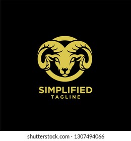 Rams goat head shield sport logo with gold color and black background icon designs vector illustration