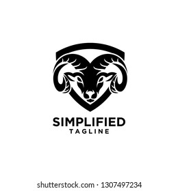 Rams goat head shield sport logo with black color and white background black logo icon designs vector illustration