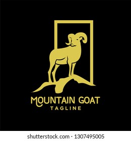 Rams goat mountain with modern square logo gold color and black background black logo icon designs vector illustration