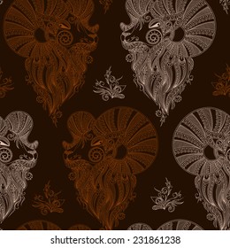 Ram's head. Symbol of the new year. Christmas background. Vector  seamless pattern.  Mehendi style