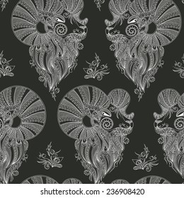Ram's head. Symbol of the new year. Christmas background. Vector seamless pattern. Mehendi style