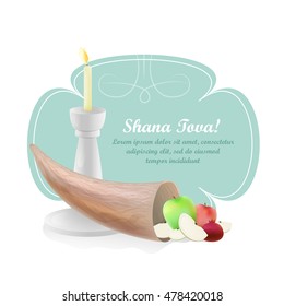 Ram's horn (shofar), apple, garnet. Rosh Hashanah greeting card. Vector illustration.