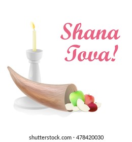 Ram's horn (shofar), apple, garnet. Rosh Hashanah greeting card. Vector illustration.