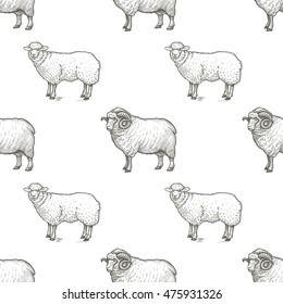 Rams. Seamless vector pattern with animals. Black and white illustration.