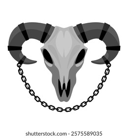 A ram's skull in shades of gray with an iron chain on its horns isolated on white. Vector illustration in flat style