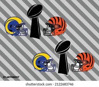 Rams vs Bengals Big Game LVI 2022 Trophy Cup and Helmets Clipart, Transparent + White Parts Version