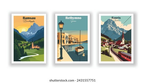 Ramsau, Berchtesgaden. Rauris, Österreich. Rethymno, Griechenland - Set mit 3 Vintage-Reiseplakaten. Vektorgrafik. Qualitativ hochwertige Ausdrucke